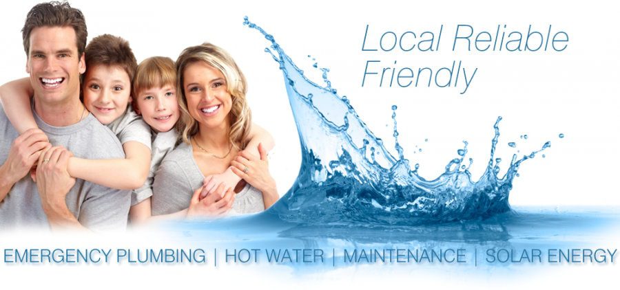 bottomcontact family smiling next to the words "Local Reliable Friendly" to describe BR's Plumbing & Heating